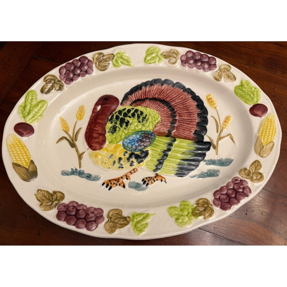 Vintage Large Ceramic‎ Thanksgiving Serving Platter Turkey Embossed Hand Painted